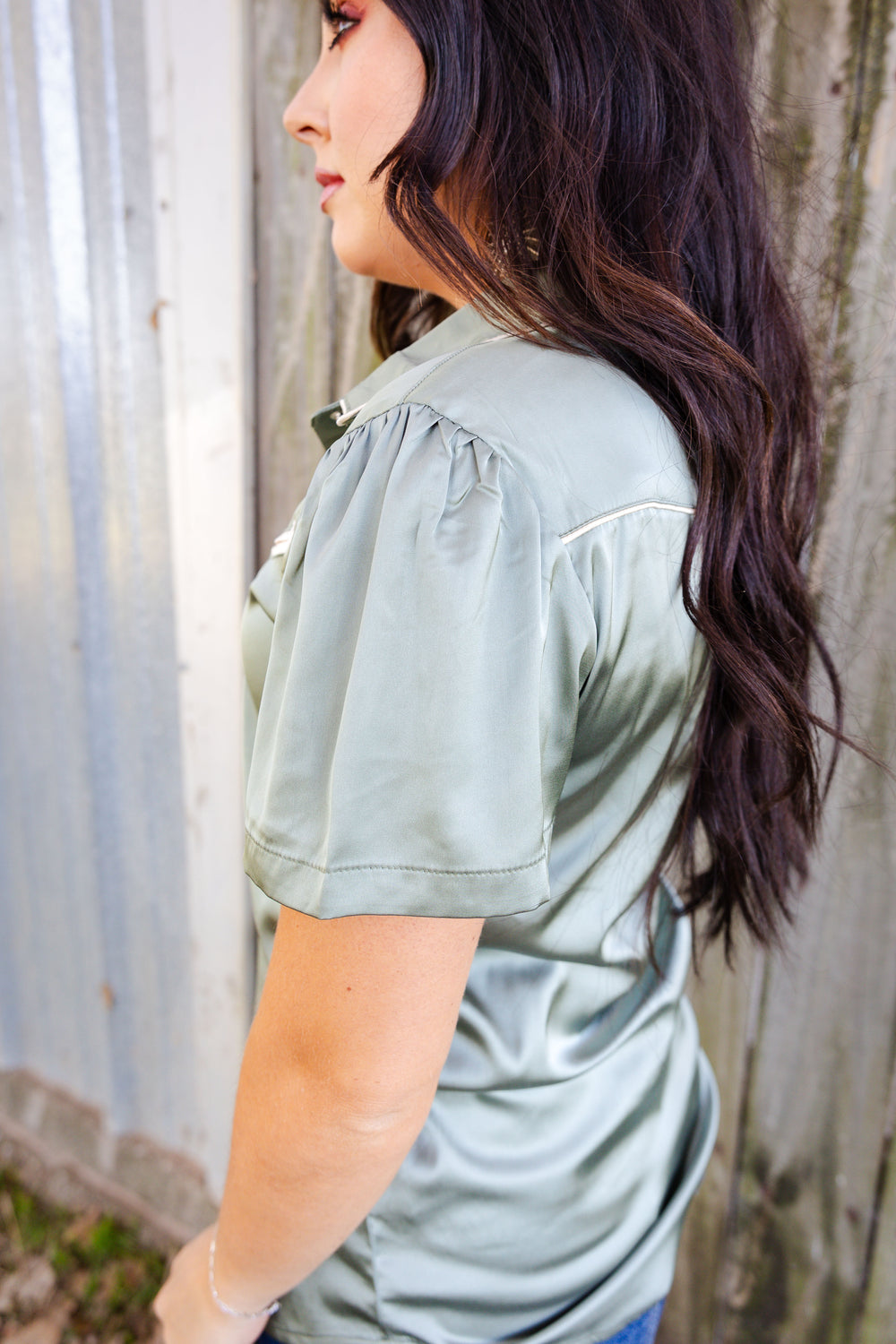 Sage Satin Short Sleeve Pearl Snap