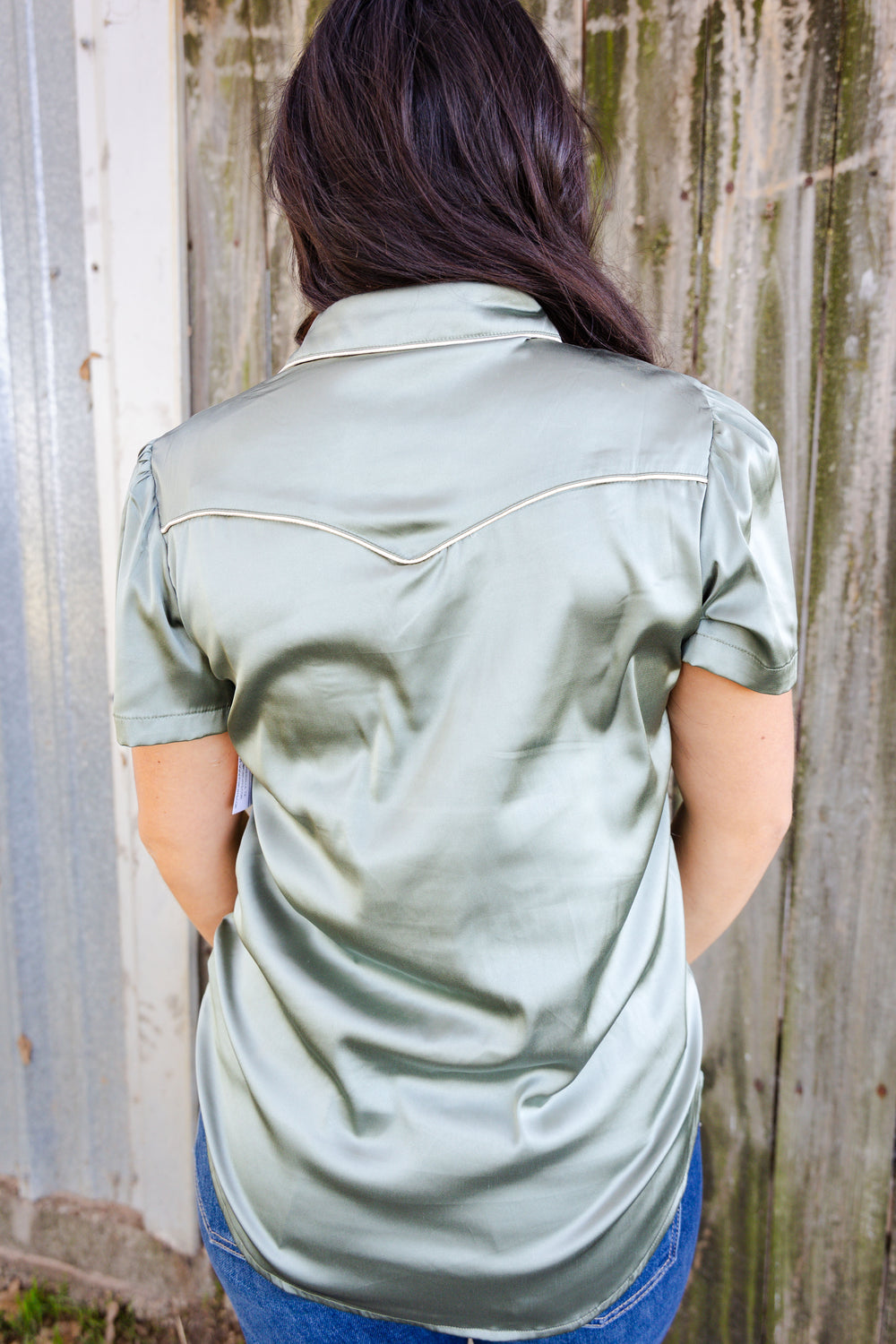 Sage Satin Short Sleeve Pearl Snap