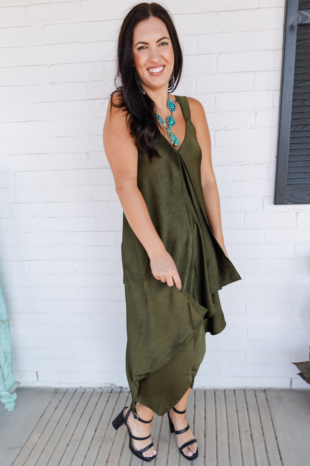 Satin V-Neck Dress Olive