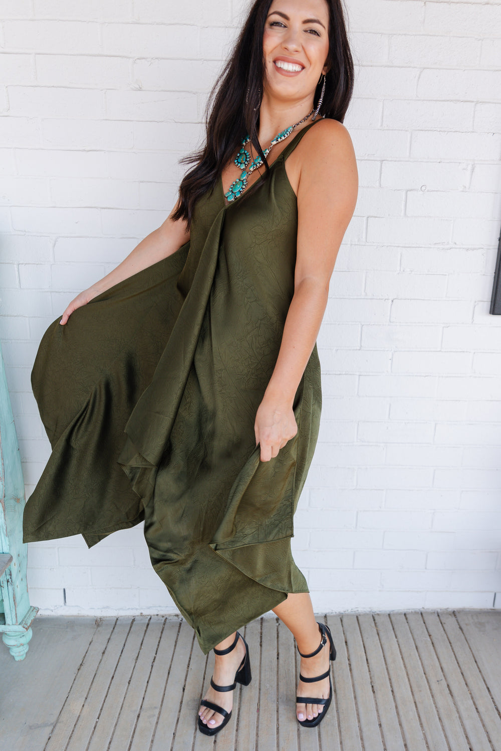 Satin V-Neck Dress Olive