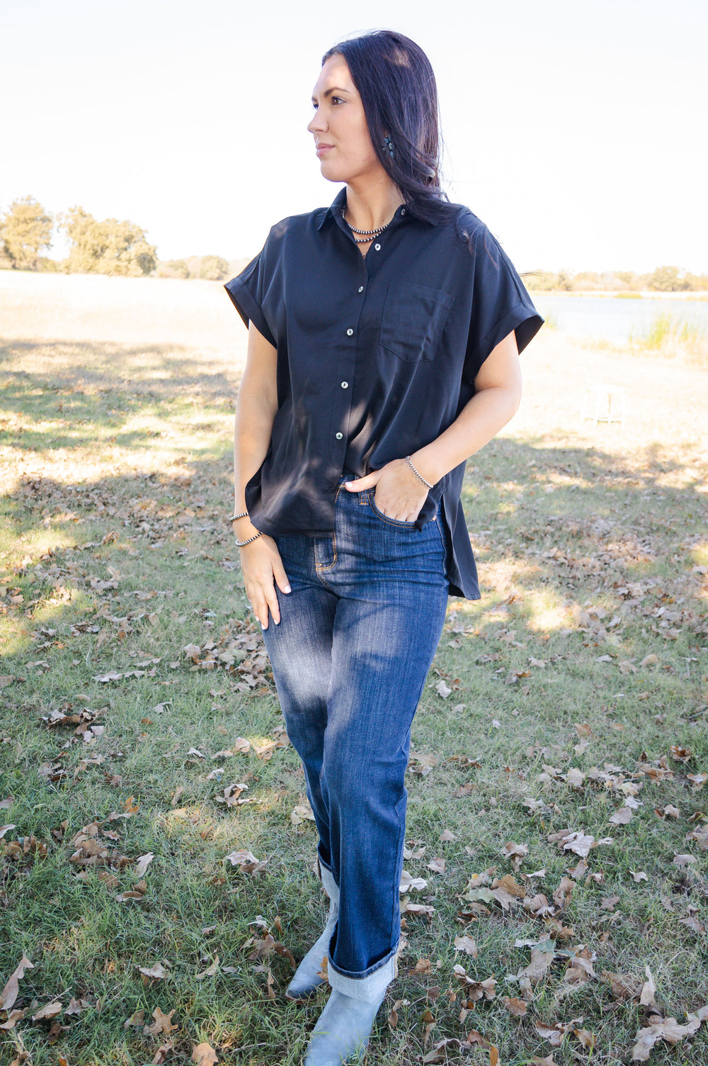 Short Sleeve Button Down Top Black