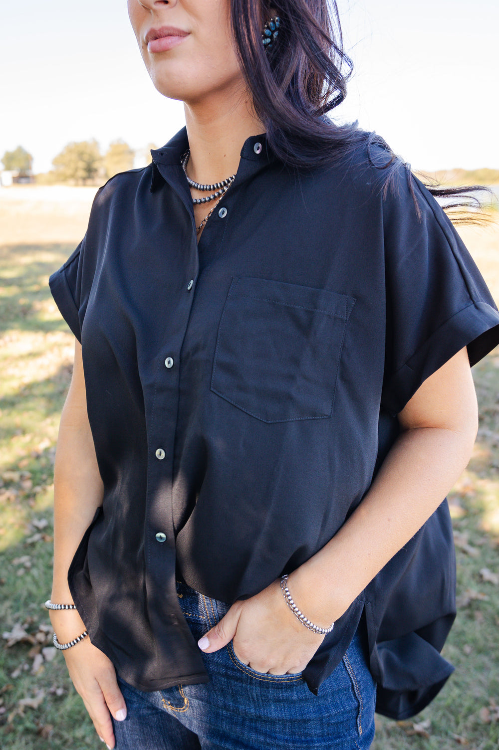 Short Sleeve Button Down Top Black