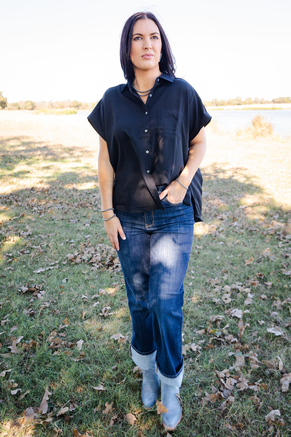 Short Sleeve Button Down Top Black