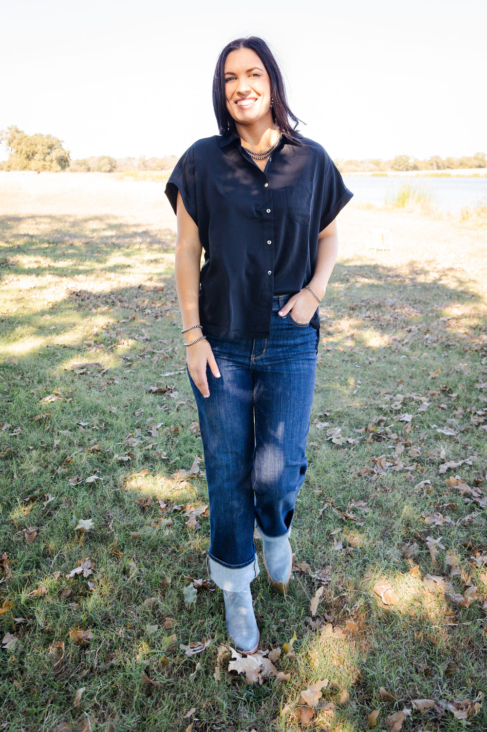 Short Sleeve Button Down Top Black