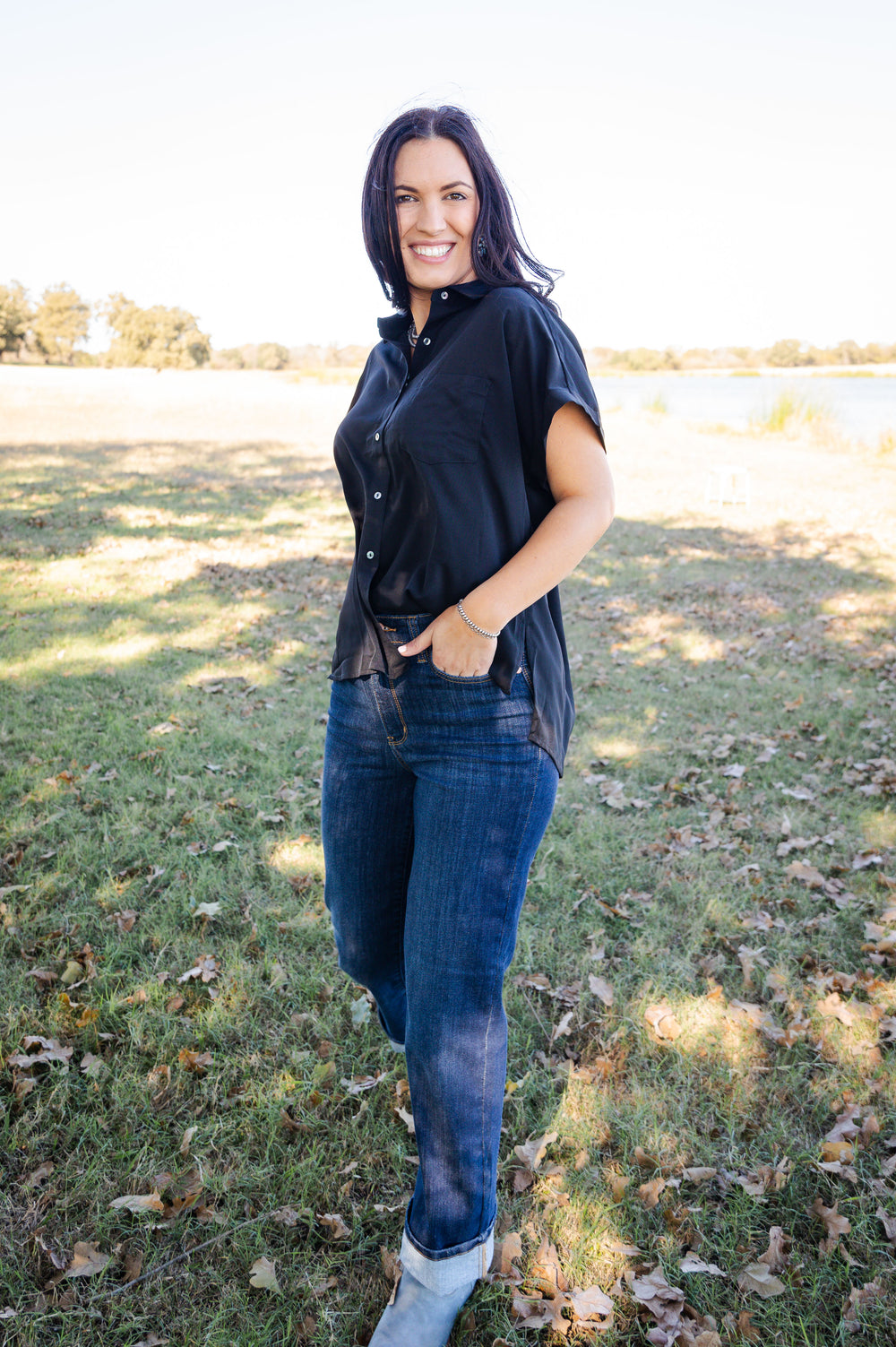 Short Sleeve Button Down Top Black