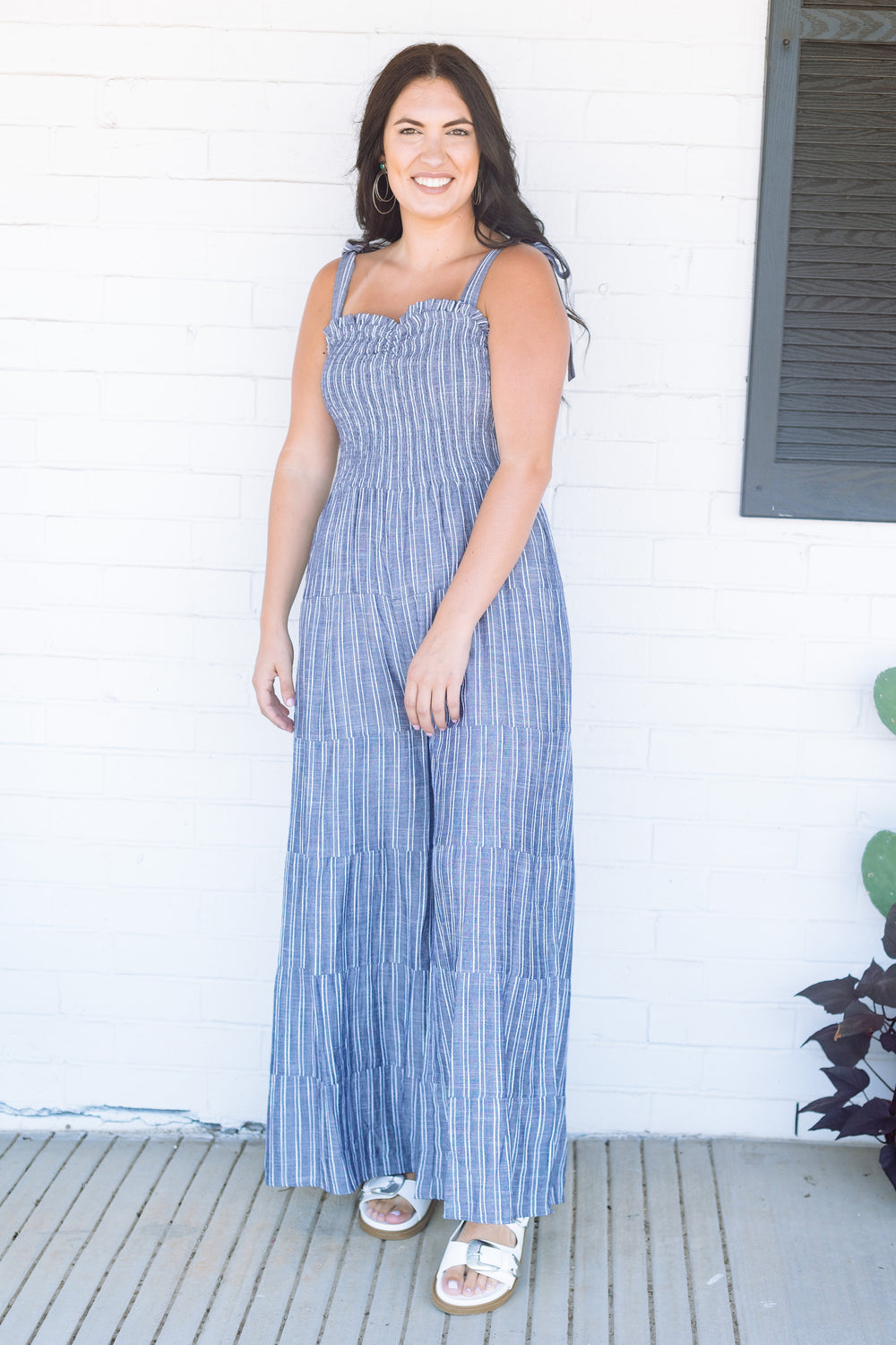 Striped Denim Bow Jumpsuit