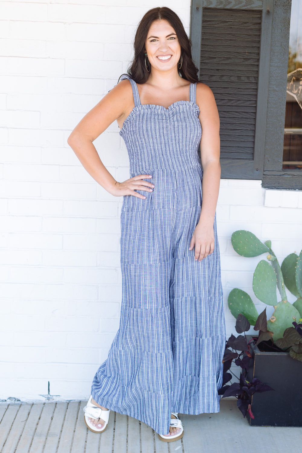 Striped Denim Bow Jumpsuit