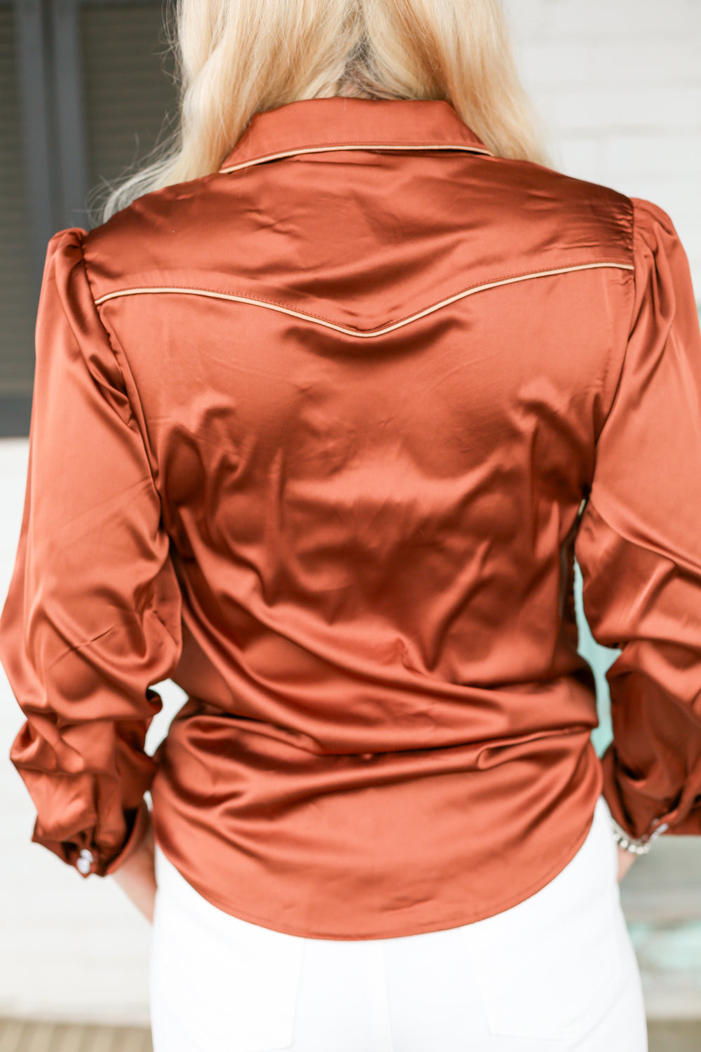 Satin Champagne Ls Pearl Snap Button Down