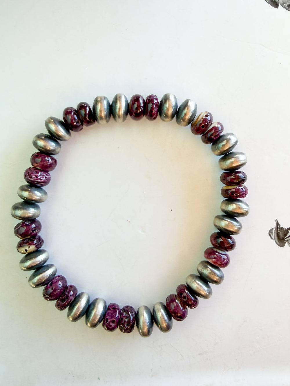 Saucer Navajo Pearl and Purple Spiny Stretch Bracelet