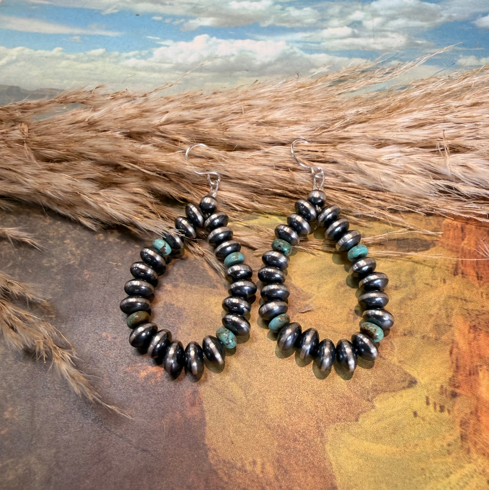 7mm Saucer Navajo Pearls and Turquoise Teardrop Earrings