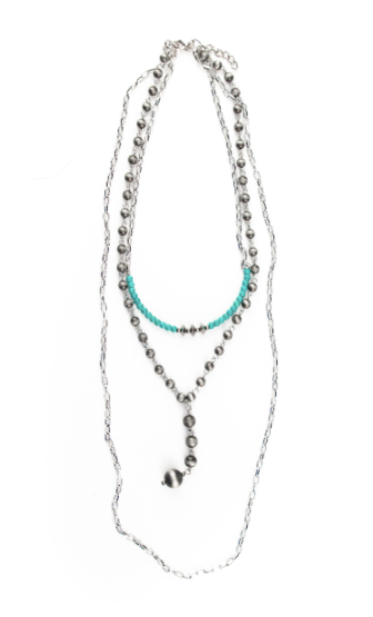 17",19",30" Multi Layer Burnished Silver Chain, Green Turquoise and Faux Navajo Pearl Necklace