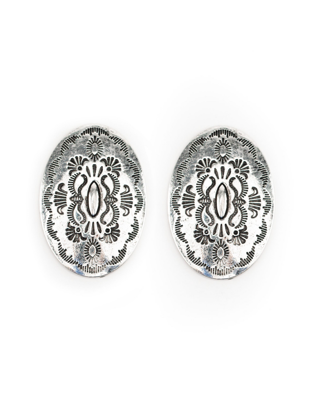 1.5" Oval Burnished Silver Stamped Post Earrings
