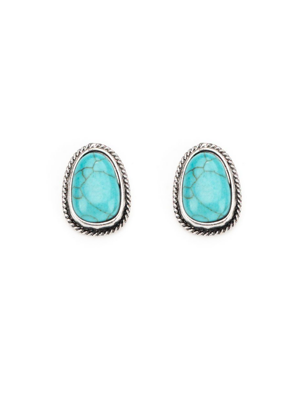 1" Turquoise Post Earring with Burnished Silver Rope Border