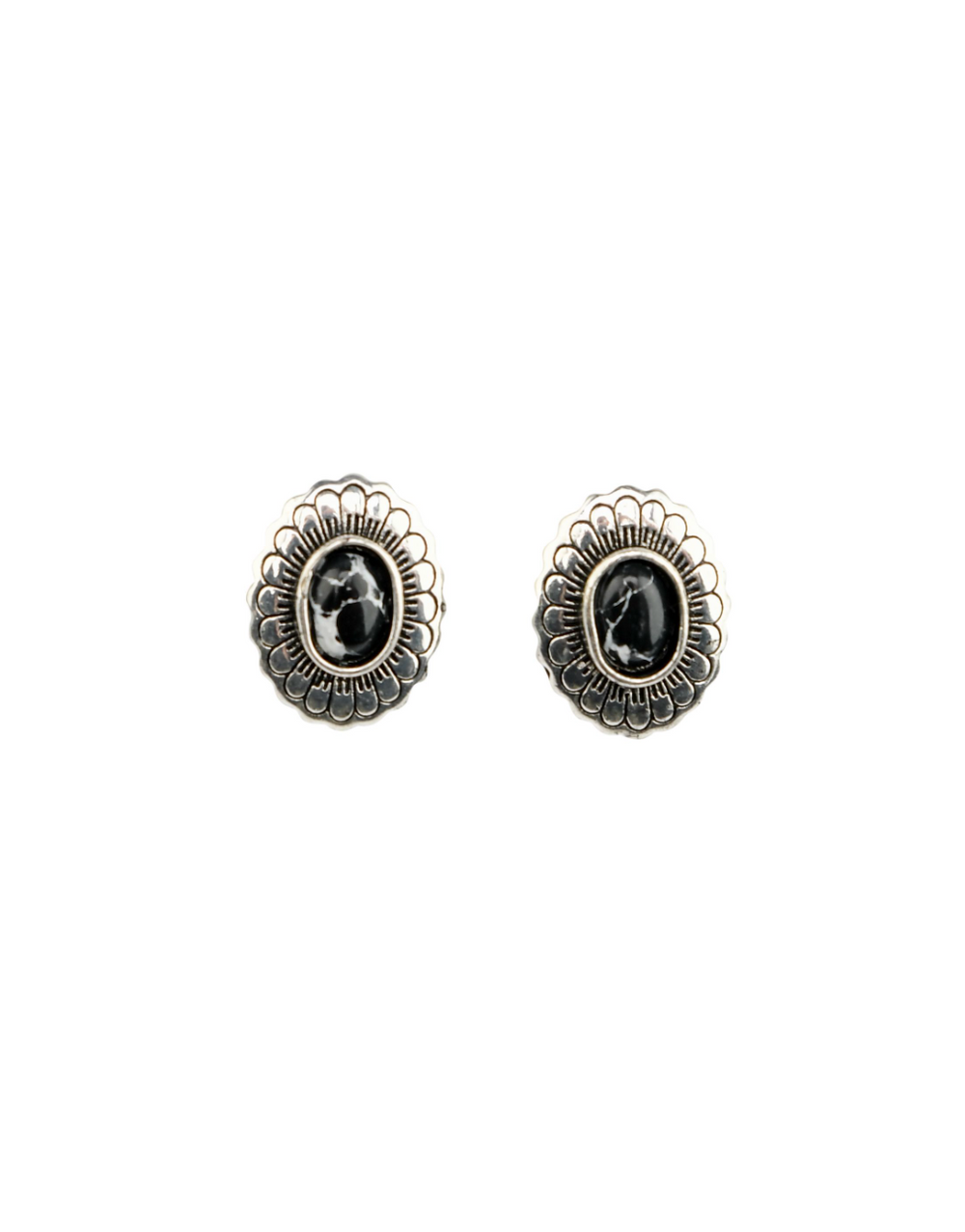 Small Burnished Silver Flower Stamped Conch Post Earring with Black Accent