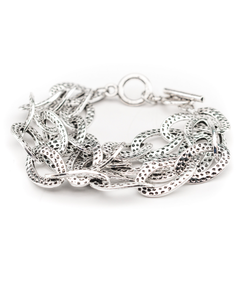 Hammered Silver three strand Chain Toggle Bracelet