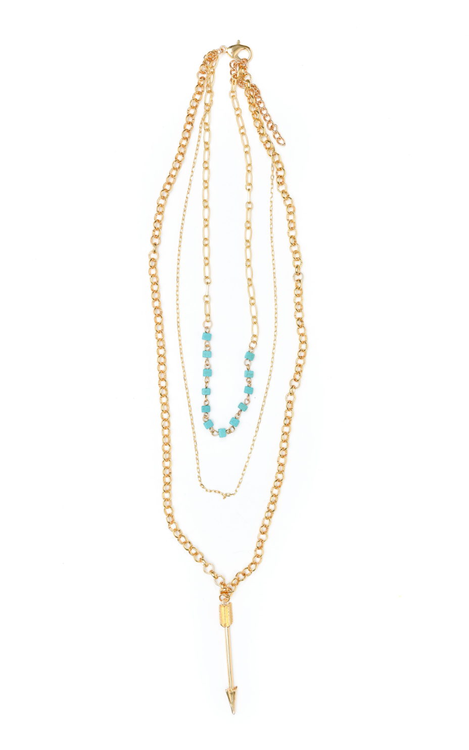 Multi Chain Gold and Turquoise Necklace with Arrow Pendant