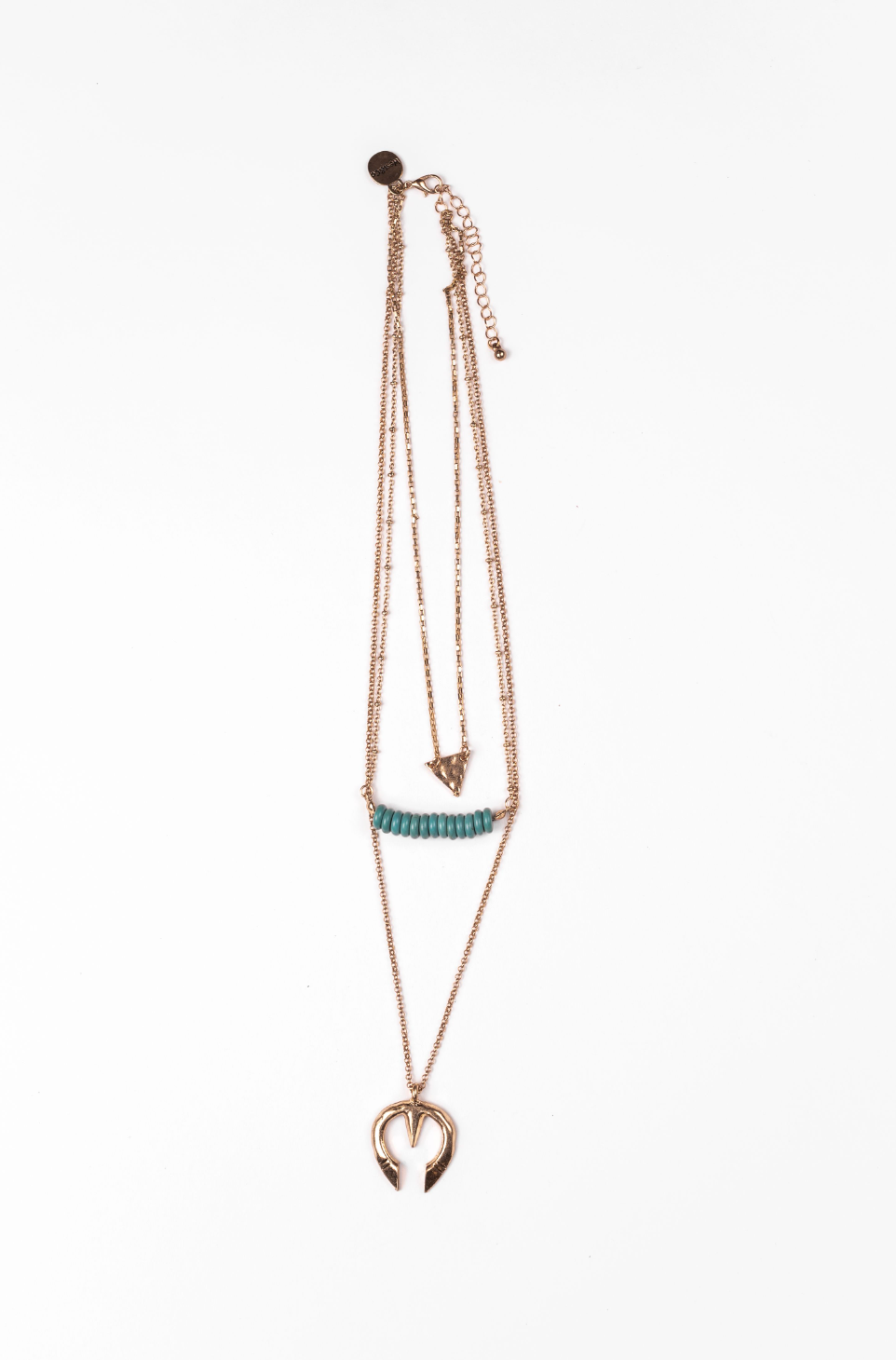 Burnished Gold 3 Tier Necklace with Triangle, Turq Bead, & Naja