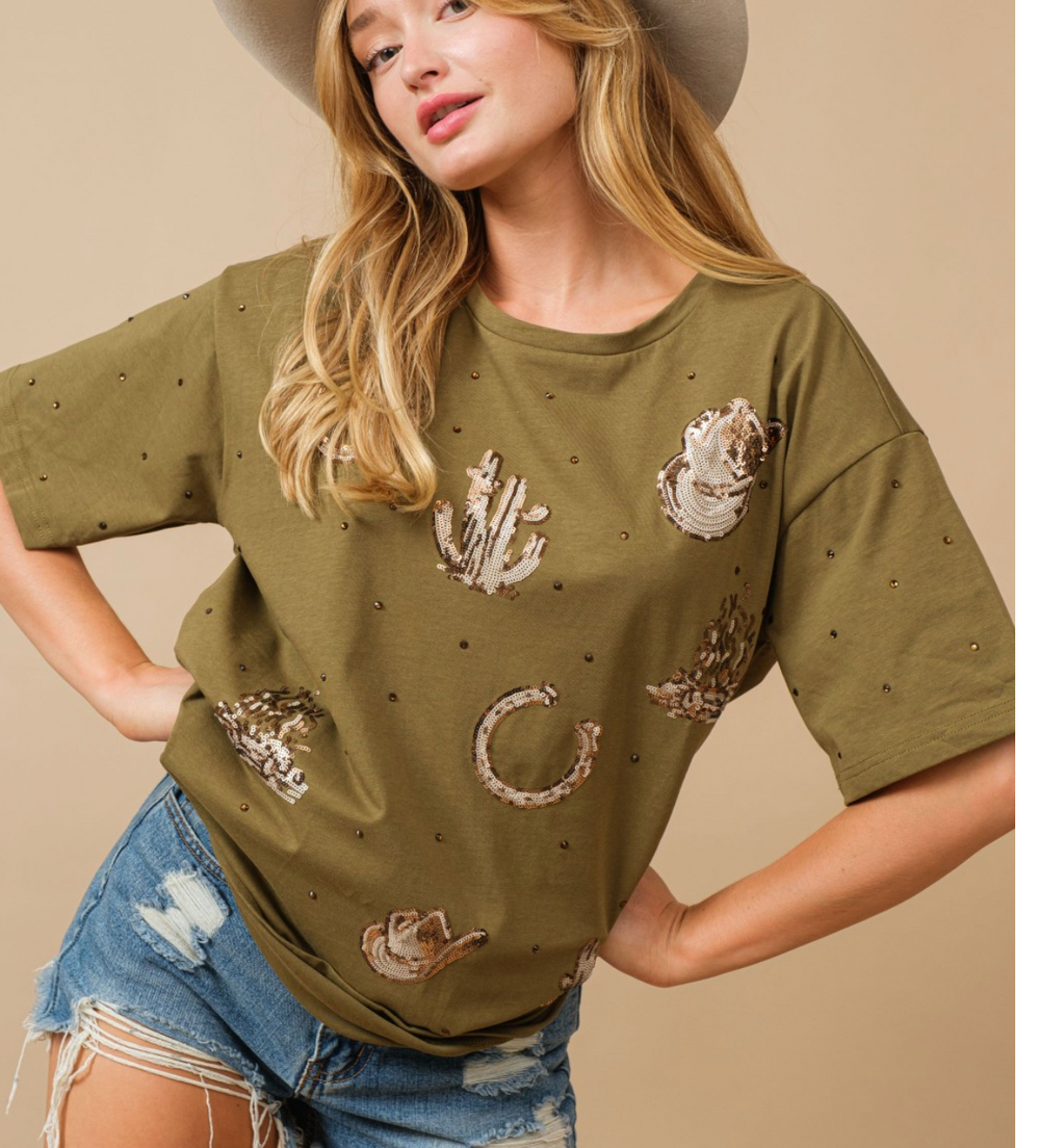 Sage Rhinestone Cowgirl Tee