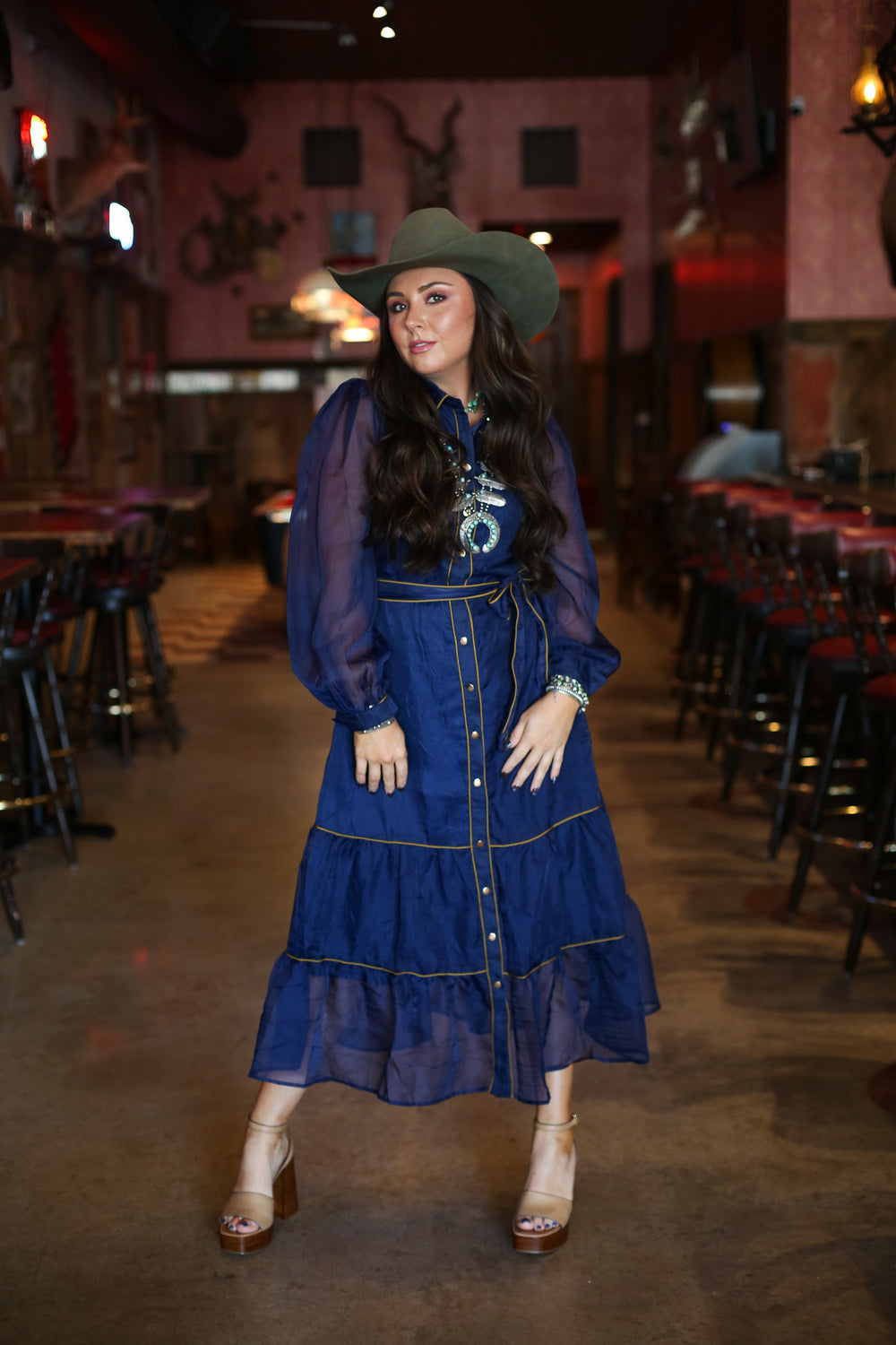 Sheer Tiered Navy Dress