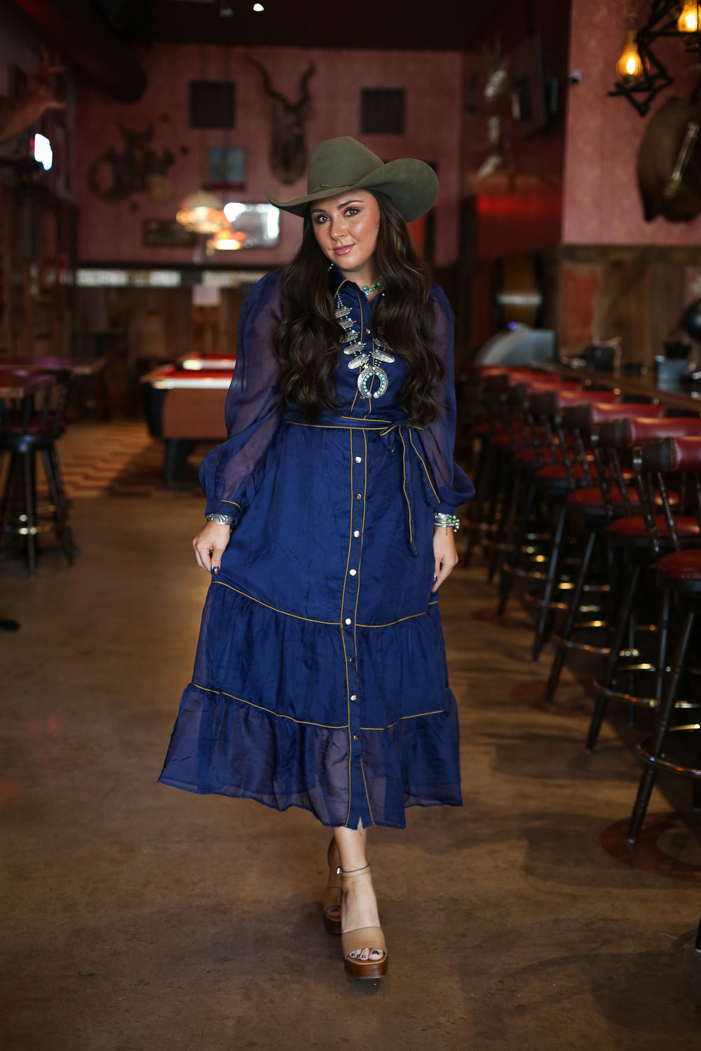 Sheer Tiered Navy Dress