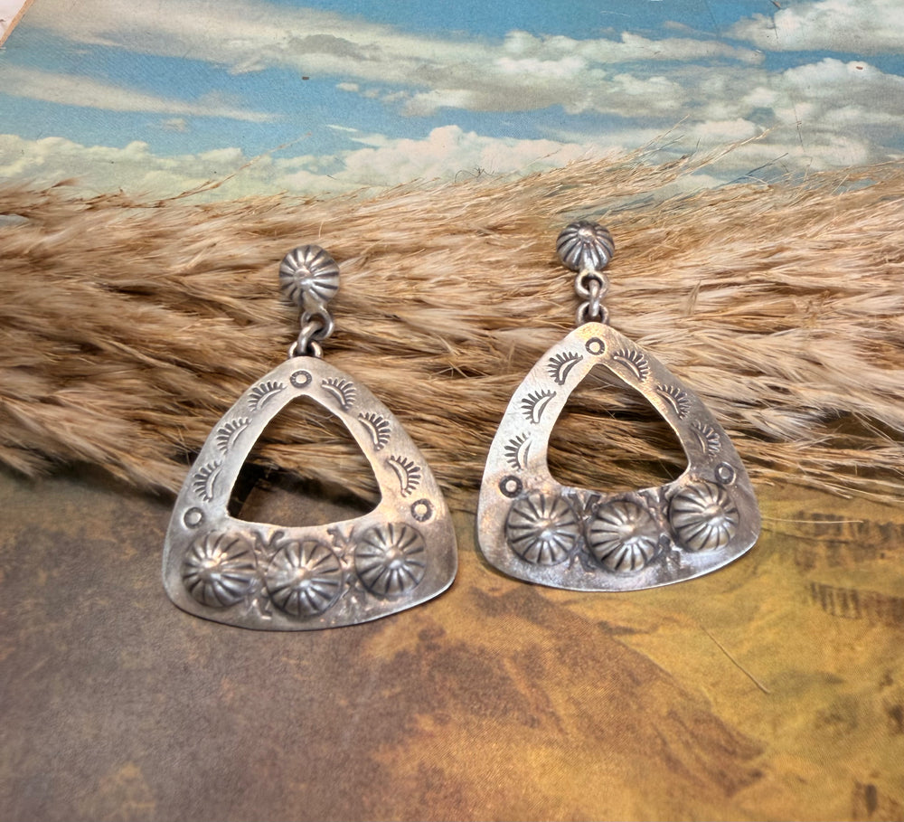 Stamped Starburst Triangle Dangle Earrings