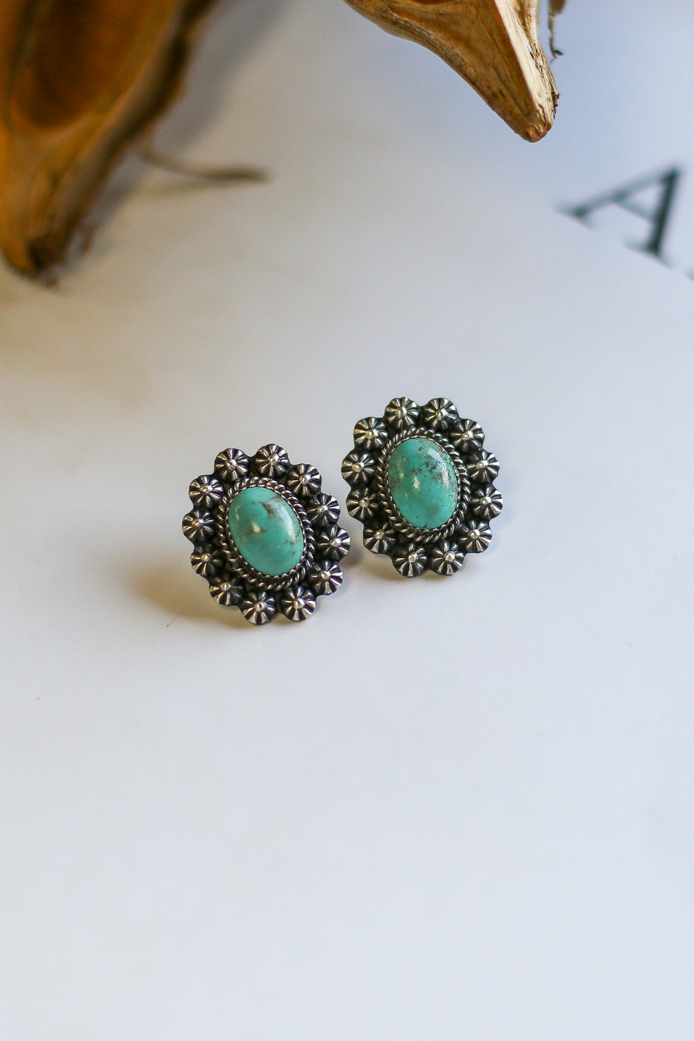 Stamped Starburst Turquoise Oval Earrings