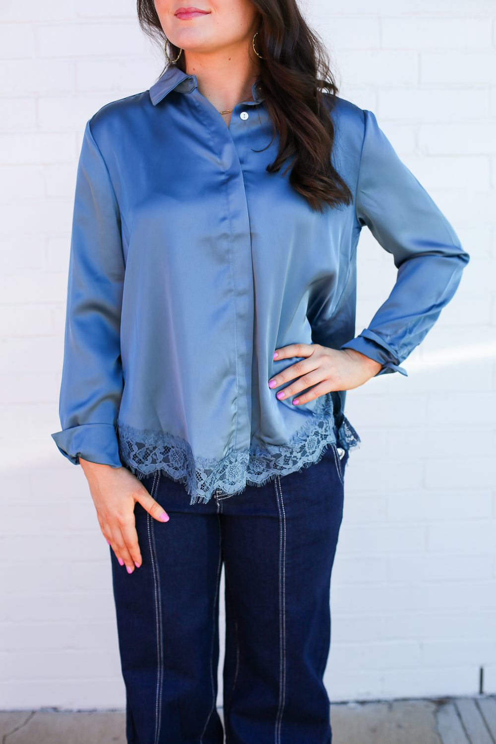 Steel Blue Lacey Satin Button Down Blouse