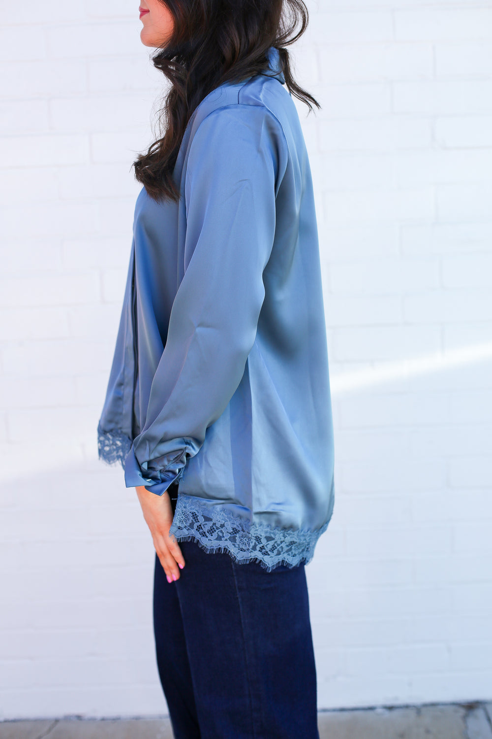 Steel Blue Lacey Satin Button Down Blouse