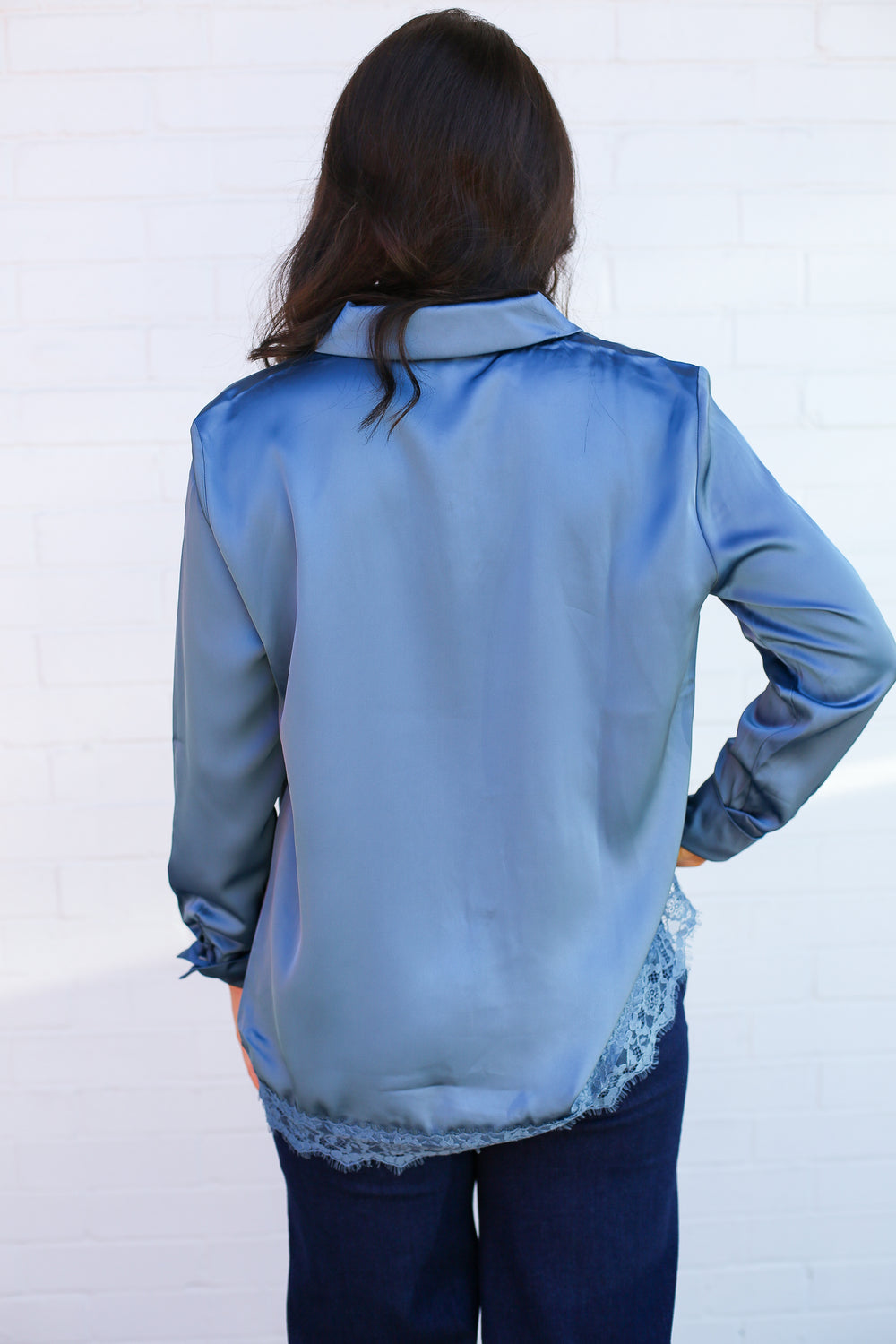 Steel Blue Lacey Satin Button Down Blouse