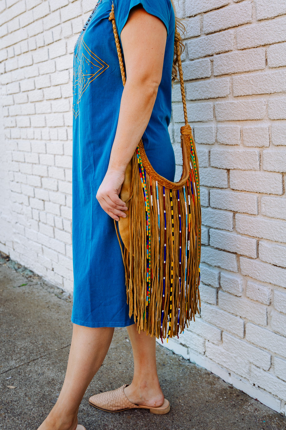 Tan Leather Purse with Fringe and Multi Color Beading