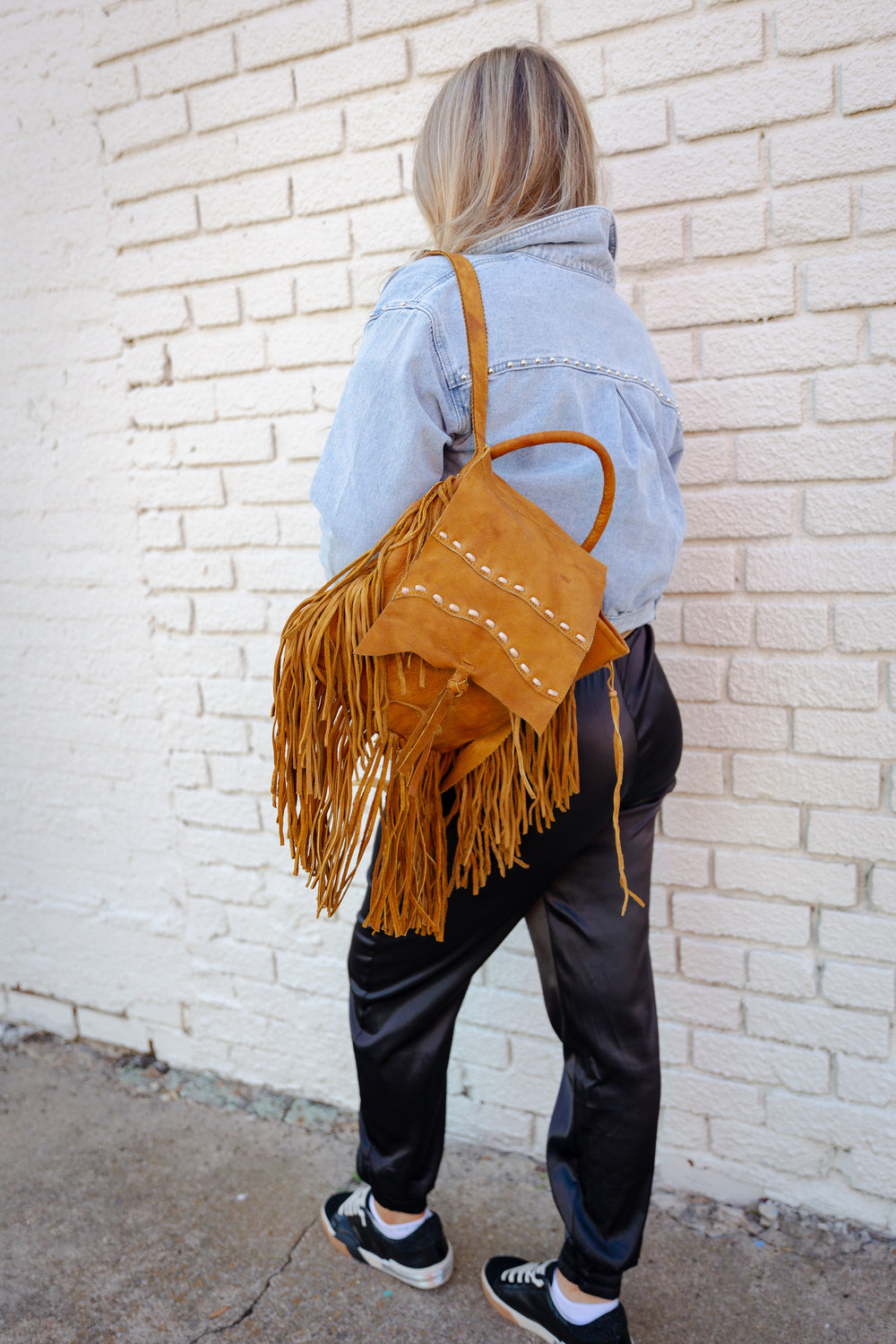 Tan Leather Backpack with Fringe