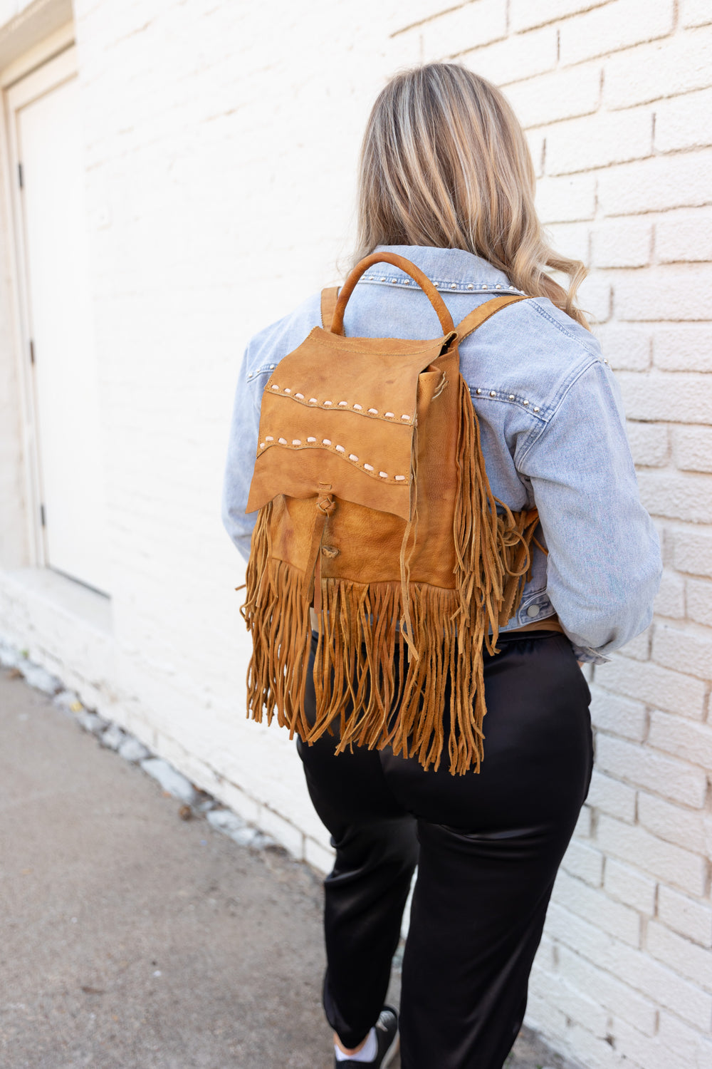 Tan Leather Backpack with Fringe
