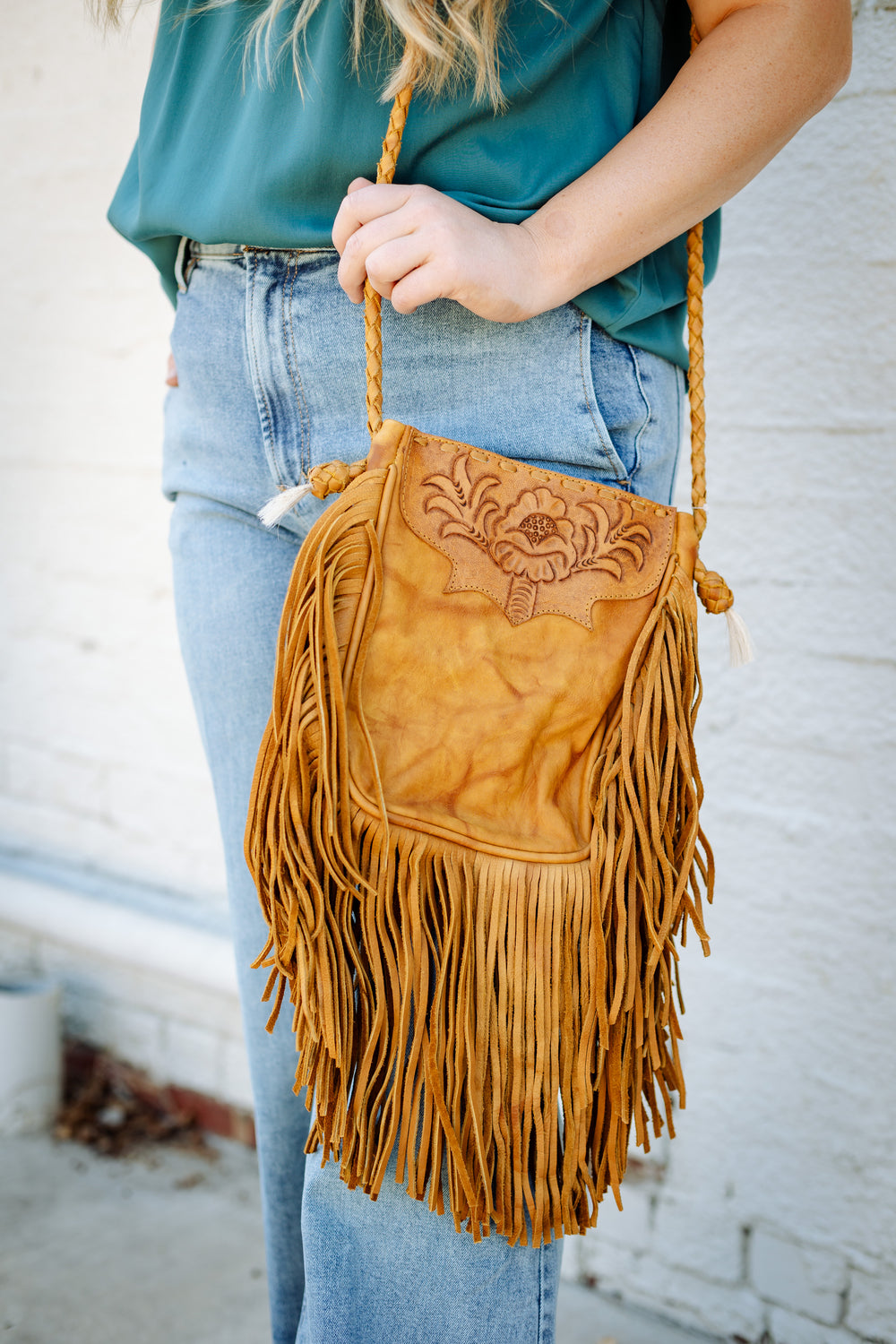 Tan Leather Crossbody Purse with Fringe