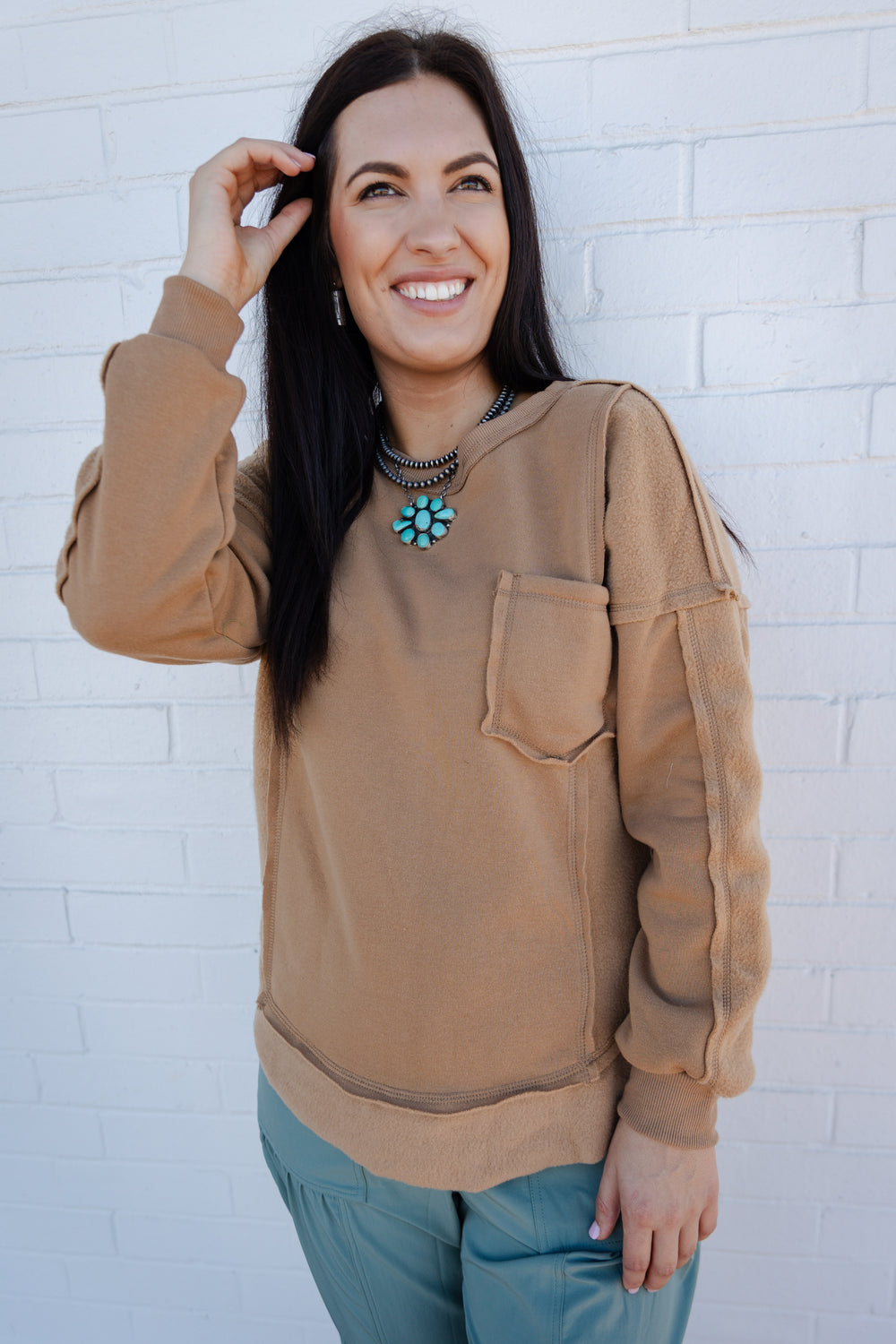 Tan Long Sleeve Pocket Tee