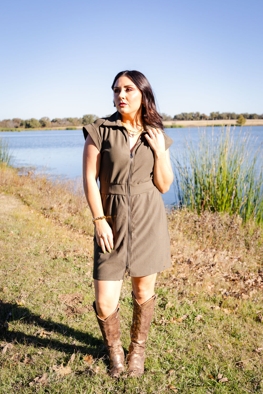 The Collared Zipper Dress Army Green