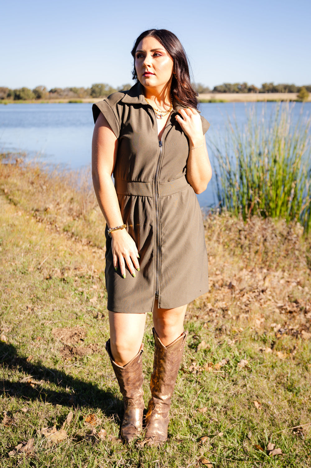 The Collared Zipper Dress Army Green