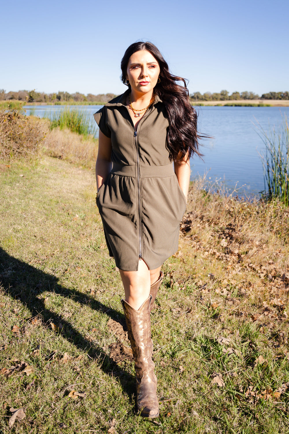 The Collared Zipper Dress Army Green