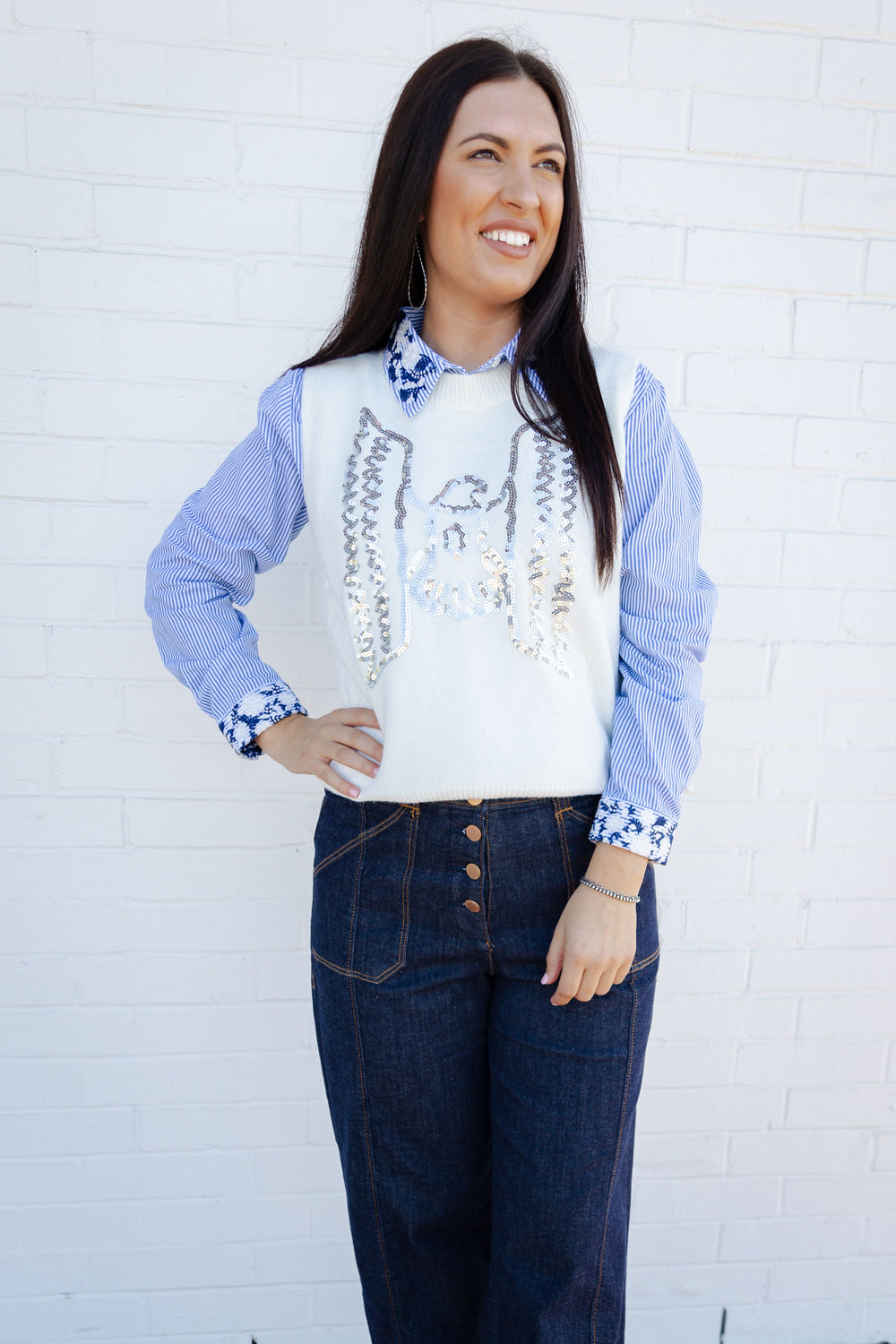 Blue Embroidered Stripe Button Down