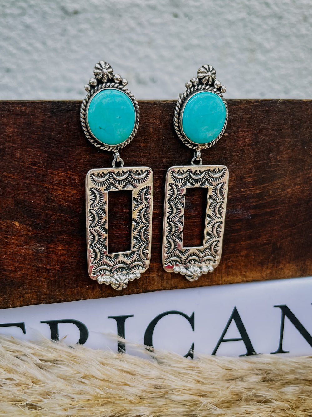 Turquoise Post Silver Rectangle Drop Earring