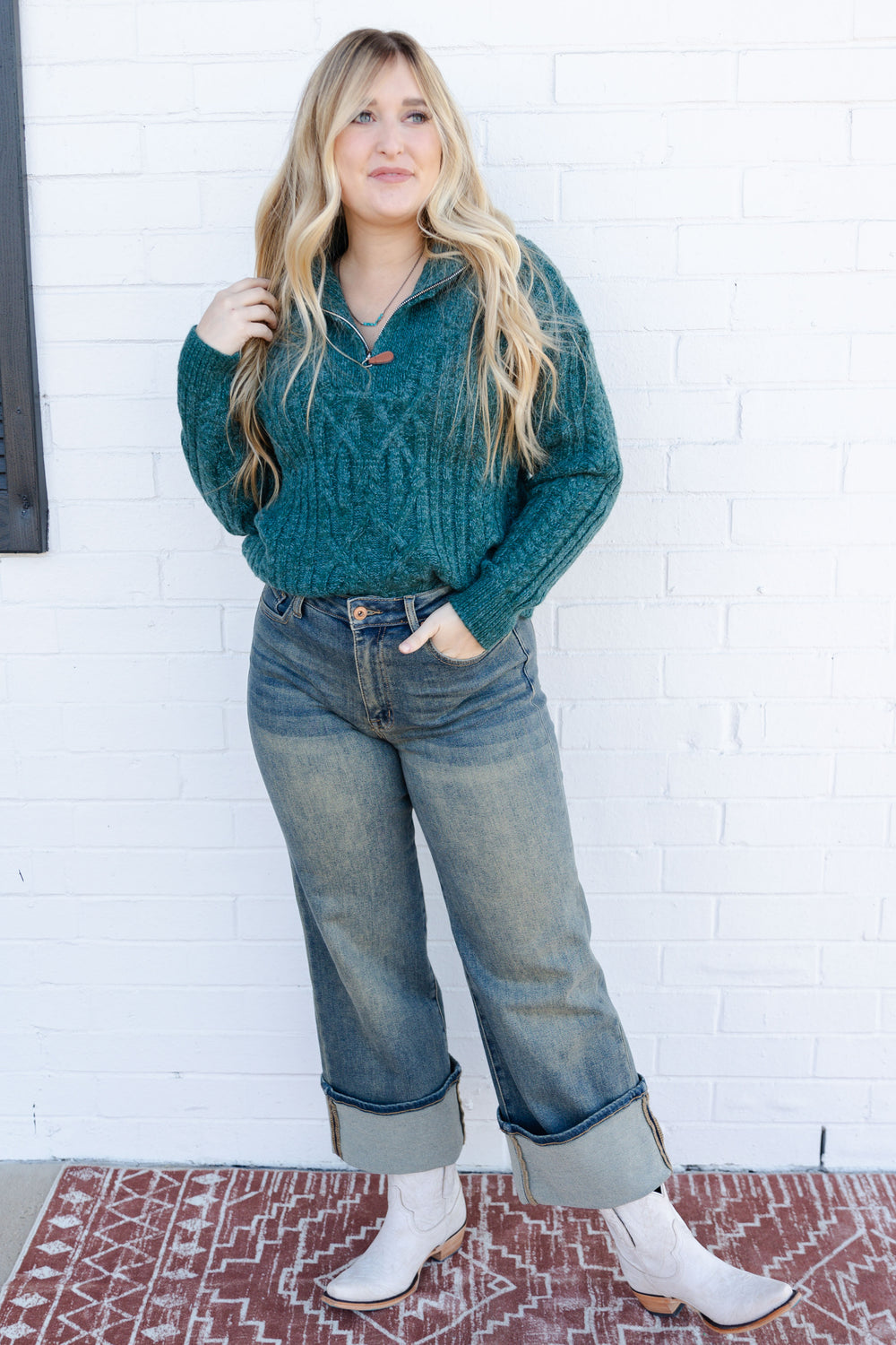 Turquoise Quarter Zip Knit Sweater