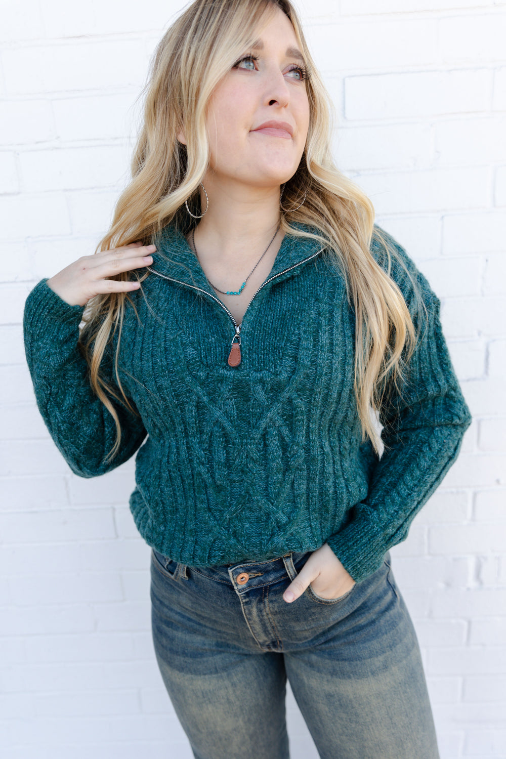 Turquoise Quarter Zip Knit Sweater