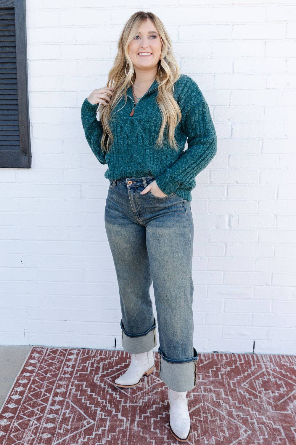 Turquoise Quarter Zip Knit Sweater