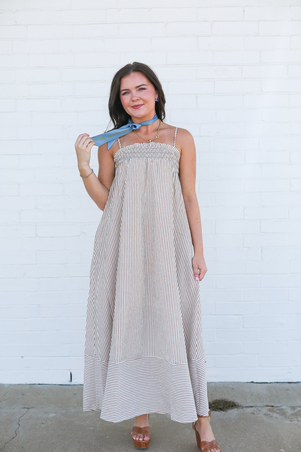 Talia Brown Pinstripe Smocked Maxi Dress