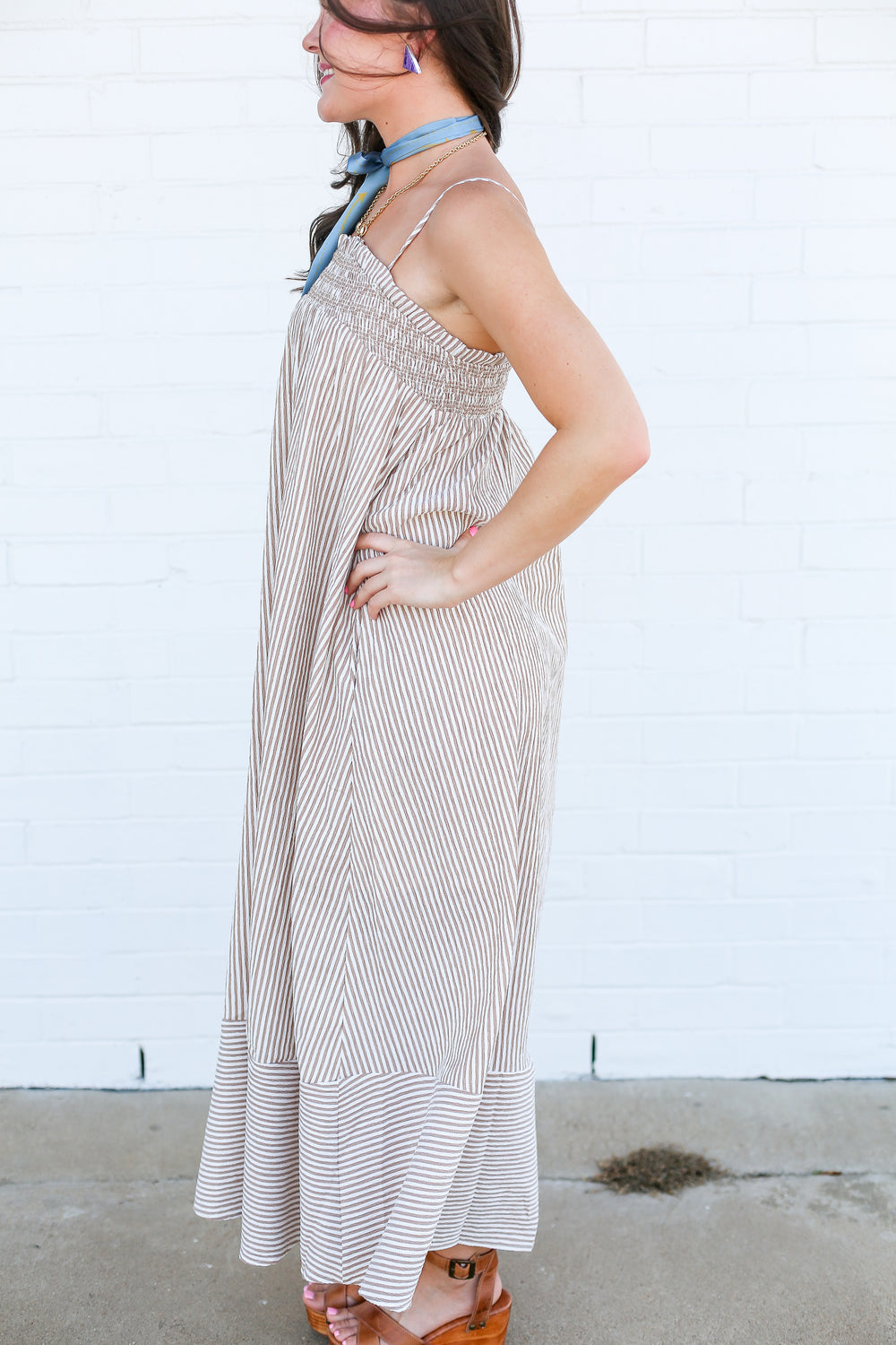Talia Brown Pinstripe Smocked Maxi Dress