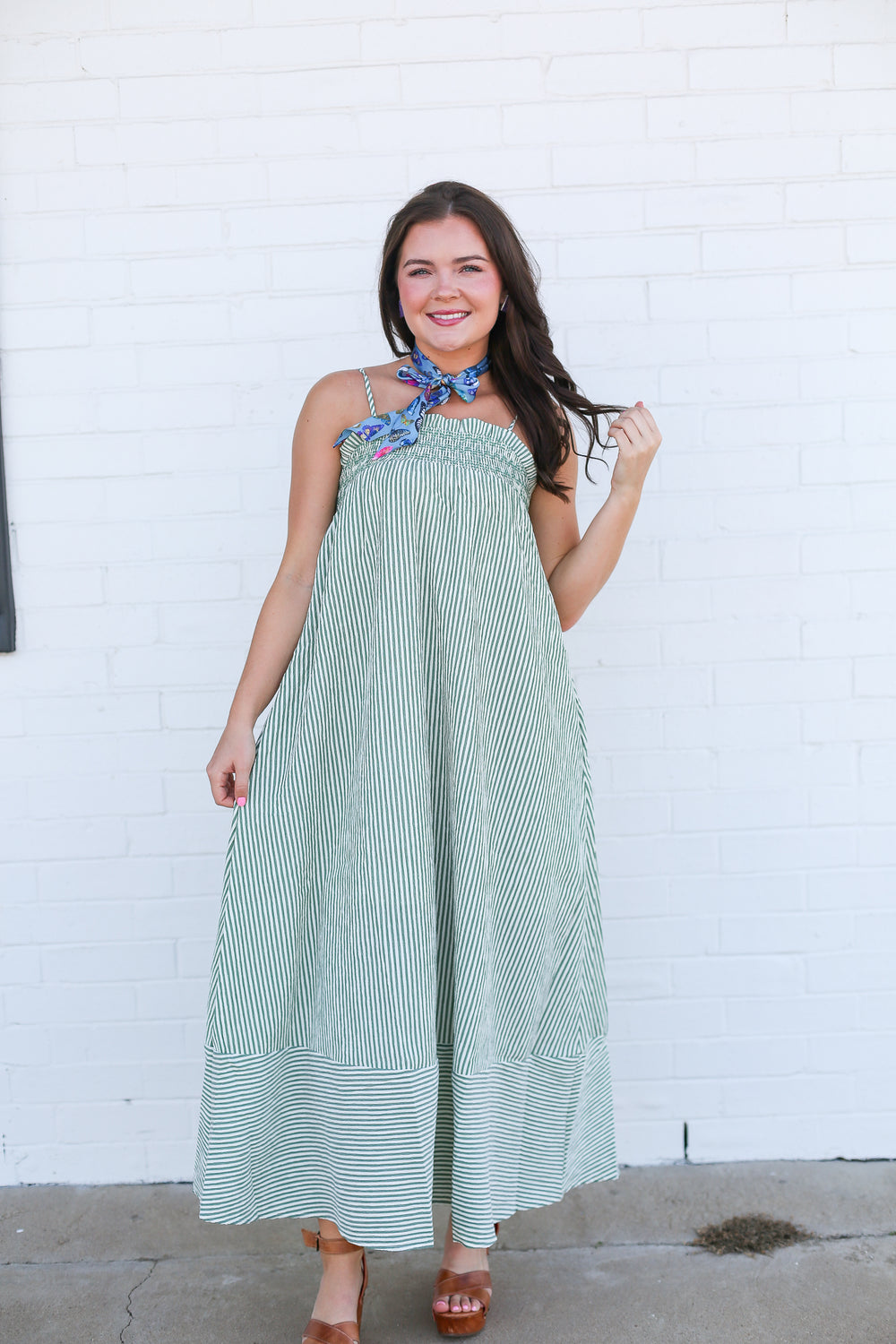 Talia Green Pinstripe Smocked Maxi Dress