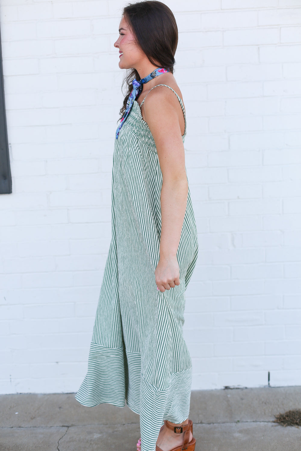 Talia Green Pinstripe Smocked Maxi Dress