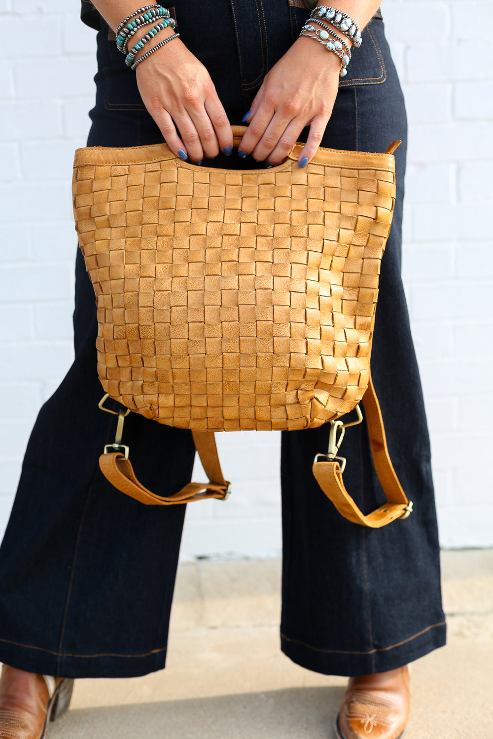 Tan Basketweave Convertible Backpack