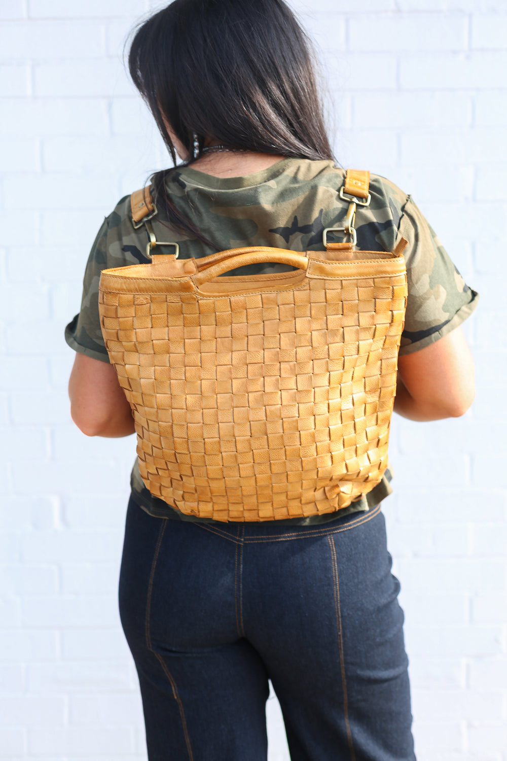 Tan Basketweave Convertible Backpack