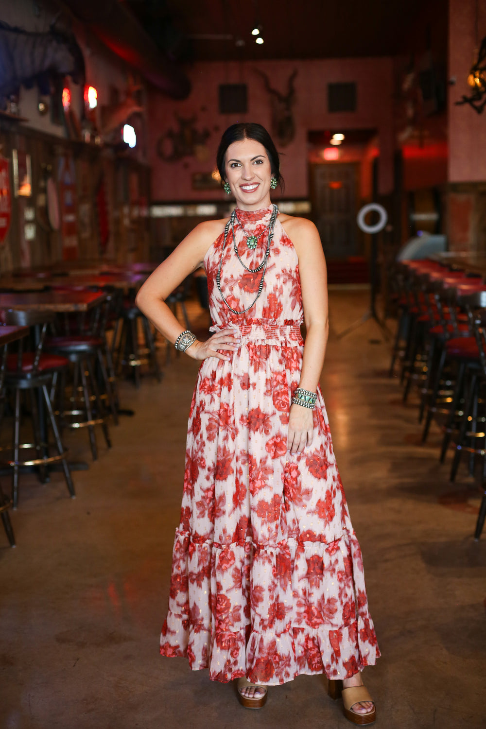 Taupe Rust Halter Bow Tie Maxi Dress