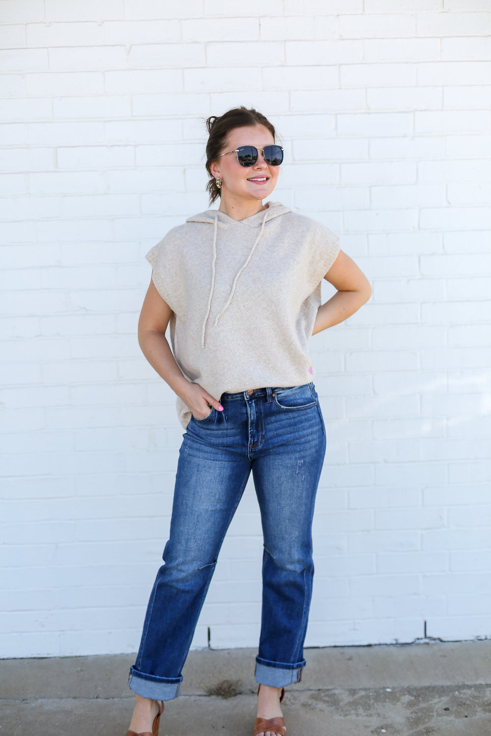 Taupe Sleeveless Sweater Hoodie